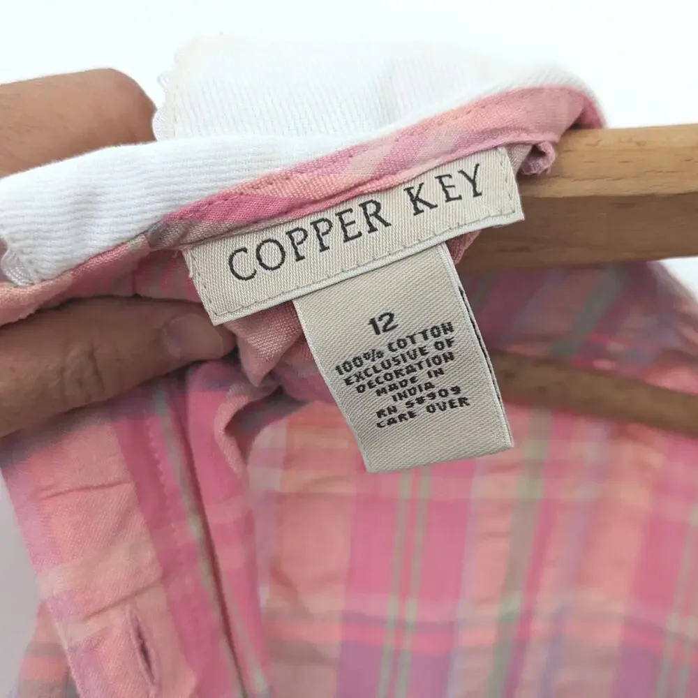 Vintage Copper Key Dress Girls Size 12 Pink Plaid Seersucker Sundress Bow